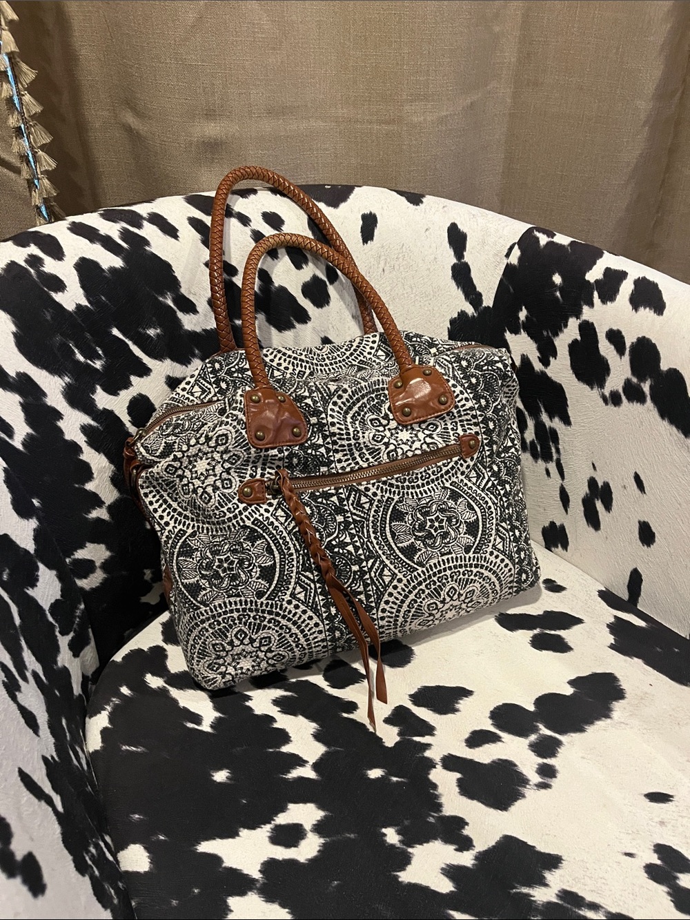 T-Shirt & Jeans Black and White Mandala Tote with Brown Trim